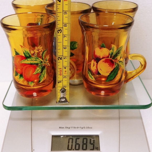 1960's Amber Glass Hooked Handle Juice Tea Cups Fruit Print - Picture 4 of 4